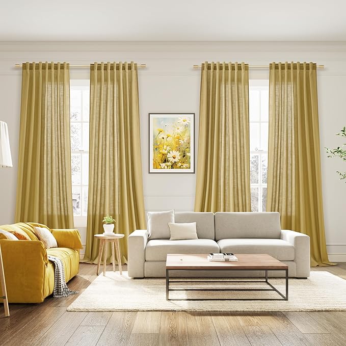 Nanspring Gold Linen Curtains 102 Inches Long Rod Pocket Back Tab Drapes 2 Panels Set for Living Room Bedroom Light Filtering Semi Sheer Gold Curtain 102 Length for Patio Door 52x102