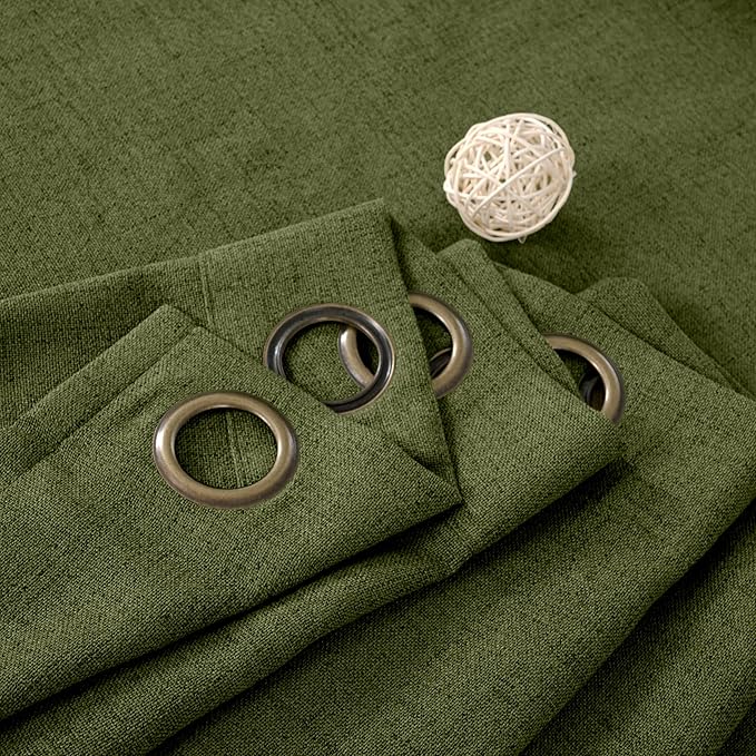 YoungsTex Olive Green Linen Curtains for Living Room, Extra Long Semi Sheer Drapes Light Filtering with Bronze Grommet for Bedroom Country, 2 Panels, 52 X 102 Inch
