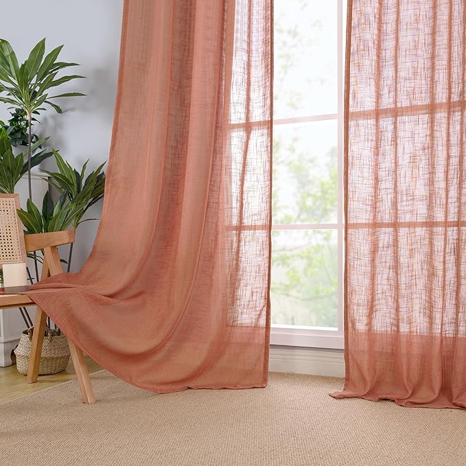 LAMIT Terracotta Linen Semi Sheer Curtains 63 Inch for Bedroom, Light Filtering Neutral Window Curtains Farmhouse Boho Back Tab and Rod Pocket Panels, 2 Panels, 38 x 63 Inch