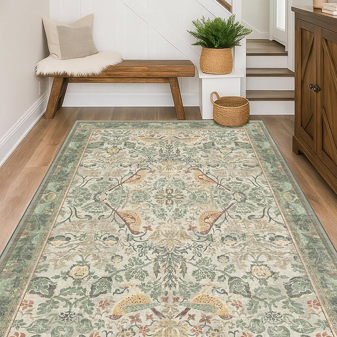 Hazo Haus Washable Area Rugs 5x8 for Bedroom - Sage Green Boho Rugs for Living Room, Dining Room, Home Office, Playroom, Light Green Botanical Bird Pattern, Non Slip Stain Resistant Low Pile