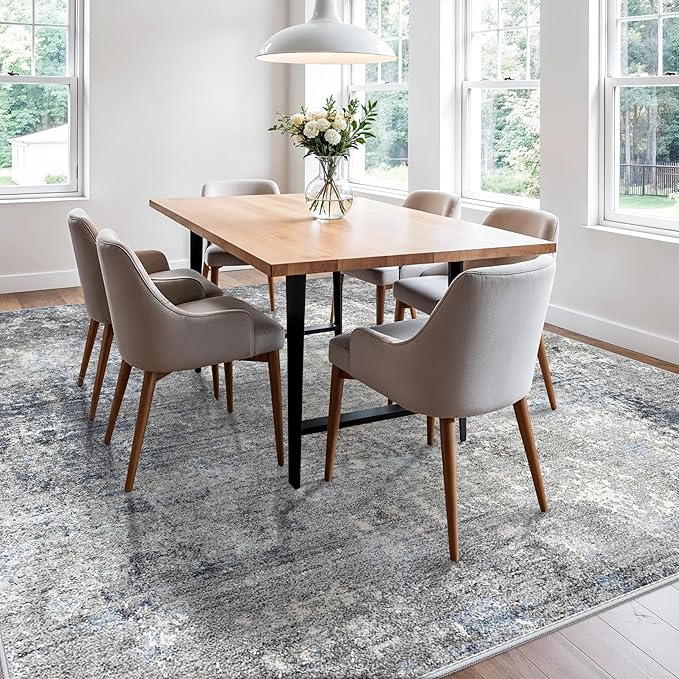 10x10 Square Living Room Rug – Washable Modern Abstract Large Rug for Bedroom, Dining Room, Playroom – Non-Slip Low-Pile Thin Indoor Floor Carpet (Blue Grey,10x10)