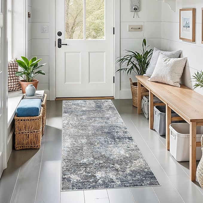 2x5 Rug Runner Non-Slip Washable– Modern Neutral Abstract Kitchen Bathroom Hallway Bedroom Area Rug – Soft Thin Low-Pile Small Short Floor Mat (Blue Grey,2x5)