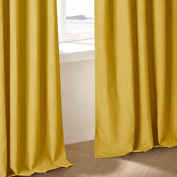 Gold Yellow Linen Pinch Pleated Curtains 108 Inches Long 2 Panels for Living Room Bedroom Light Filtering Drapes 108 Inch Length Mustard Yellow Semi Sheer Memory Shape Trained Ceiling Floor Curtain