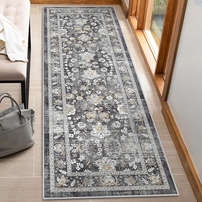 LOKHOM Washable Runner Rug, 2x6 Non-Slip Vintage Kitchen Rug with Rubber Backing, Boho Floral Soft Faux Wool Hallway Runner Rug Carpet Runner for Laundry Entryway Bedroom (Charcoal Grey)