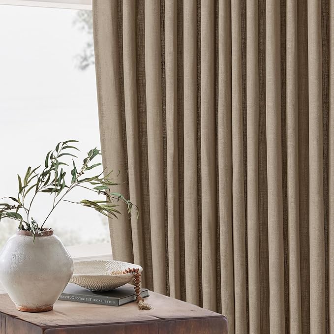 Latte Pinch Pleated Short Linen Curtains 45 Inch Length 2 Panels for Living Room Bedroom Memory Trained Semi Sheer Pleat Drapes with Hooks Rings Light Filtering Small Kitchen Window Curtain 40x45