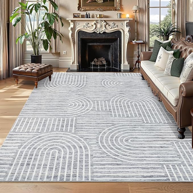 ROYHOME Washable Rug 5x7 Area Rugs for Living Room, Abstract Rug for Bedroom, Soft Rainbow Non Slip Throw Rugs with Rubber Back, Low Pile Stain Resistant Boho Geometric Carpet for Dining Room, Ash