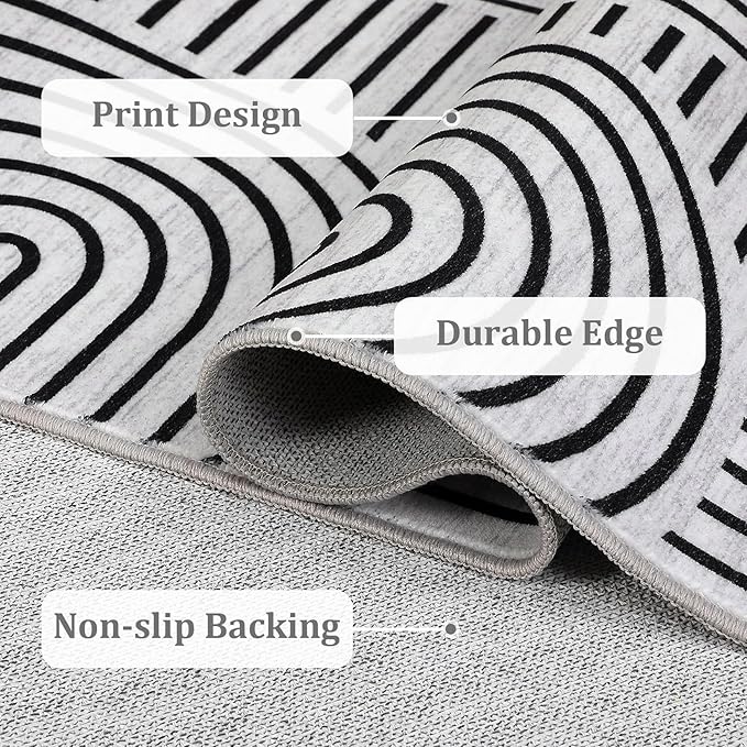 Washable Rug 6ft Area Rugs for Living Room, Abstract Rug for Bedroom, Soft Rainbow Non Slip Throw Rugs with Rubber Back, Low Pile Stain Resistant Boho Geometric Carpet for Dining Room,Blackwhite