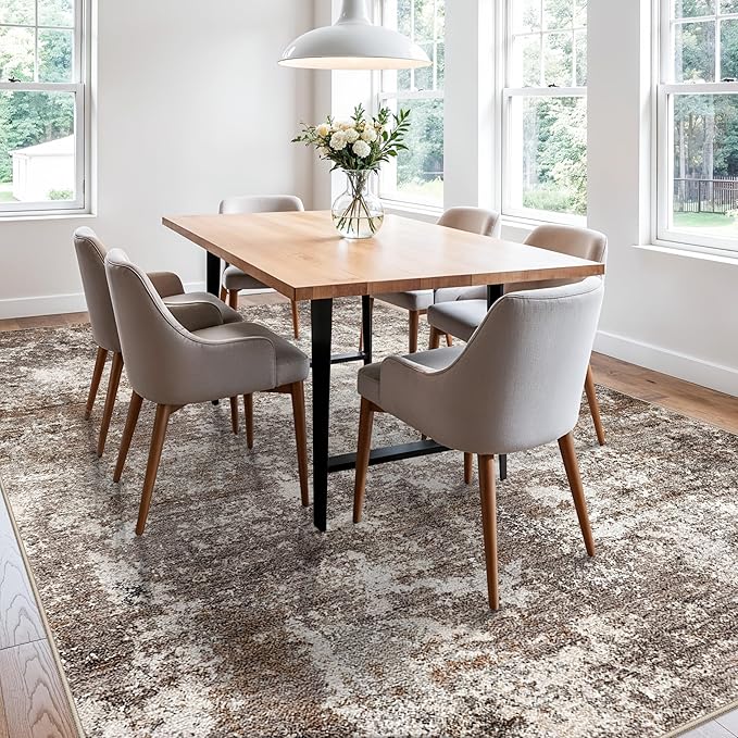 8x10 Washable Living Room Rug – Modern Neutral Abstract Large Area Rug for Bedroom Dining Room Kitchen Home Office Under Table – Non-Slip Low Pile Soft Thin Indoor Carpet (Brown Beige,8x10)