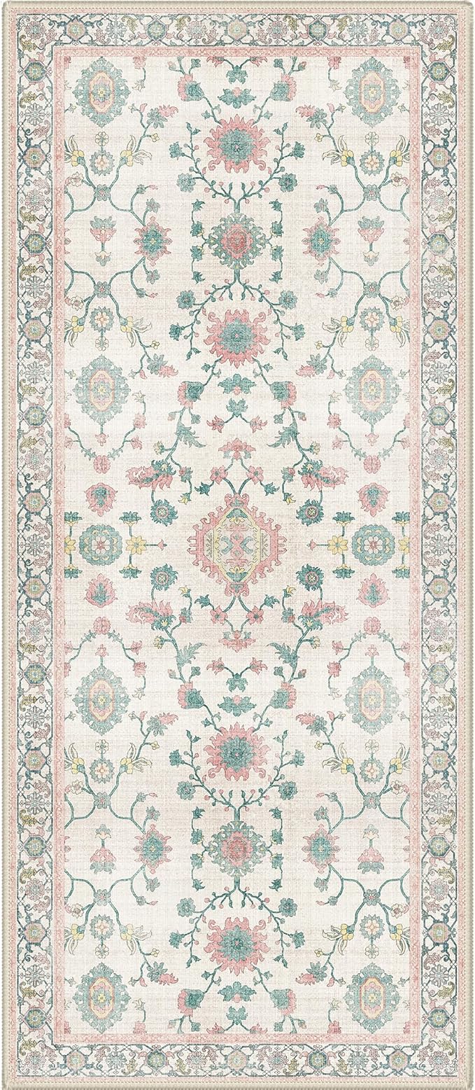 GENIMO Runner Rug for Hallways Machine Washable, 3x7 Non Slip Boho Vintage Lightweight Washable Runners, Thin Floor Rugs for Entryway Hallway Bathroom Laundry Room Corridor, Multi Pink
