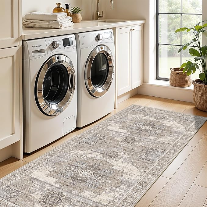 3x7 Runner Rug for Hallway Kitchen - Washable Ultra-Thin Soft Carpet for Entryway,Laundry Room,Bedroom - Vintage Non Slip Stain Resistant - Low Pile Oriental Home Decor 3x7 Beige