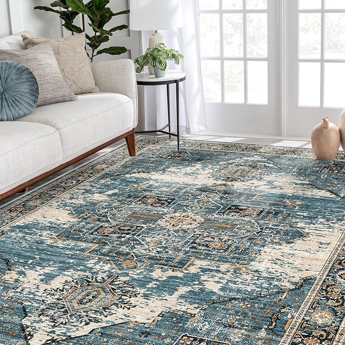 RUUGME Washable 8x10 Area Rugs - Large Rugs for Living Room Stain Resistant Carpet Vintage Rugs for Bedroom with Non Slip Backing Home Decor Floor Decoration Mat (8x10 Blue)