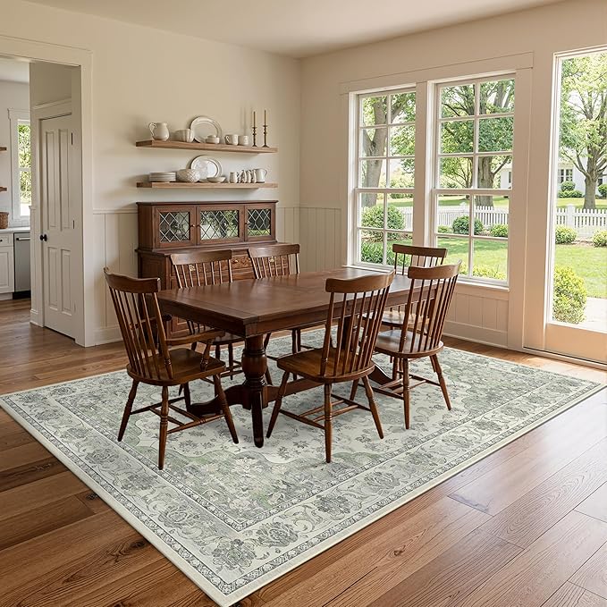 Green 5x7 Washable Area Rug, Non-Slip Soft Ultra-Thin Polyester Carpet with Vintage Stain Resistant Indoor Rug for Living Room, Bedroom, Dining Room, Nursery Oeko-TEX - Green
