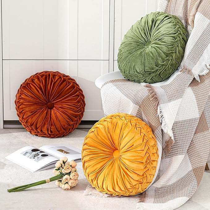 Drydiet 2 Pcs Round Throw Velvet Pillows Decorative Pleated Throw Pillows 15'' Diameter Accent Pumpkin Boho Chair Cushion for Couch Sofa Home Decoration (Olive Green)