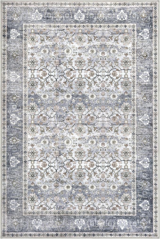 KUTA Vintage Floral Area Rug 6x9 Grey Blue, Washable Rugs for Living Room Non Slip, Ultra Thin Soft Print Distressed Flower Low-Pile Traditional Farmhouse Carpet for Bedroom Dining Room Dorm Office