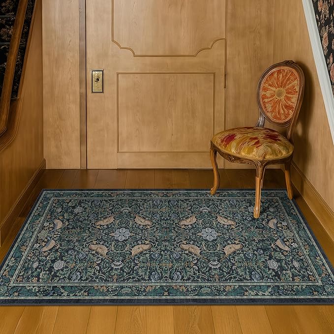 Washable Floral Small 2x3 Dark Blue Entryway Rugs Indoor, Botanical Bird Kitchen Floor Mats, Non-Slip & Soft Boho Carpet for Bathroom, Low Pile Stain Resistant Throw Rugs Bedroom