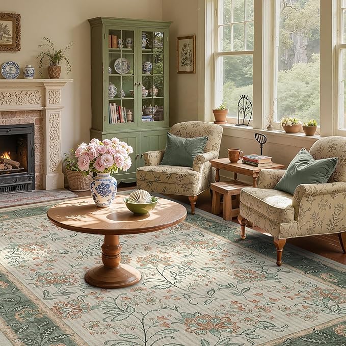 GarveeHome 5x7 Area Rug Sage Green Washable Rugs for Living Room Bedroom, Soft Low Pile Non Slip French Country Floor Mat Botanical Floral Print Throw Rug Indoor Carpet Dining Room Playroom