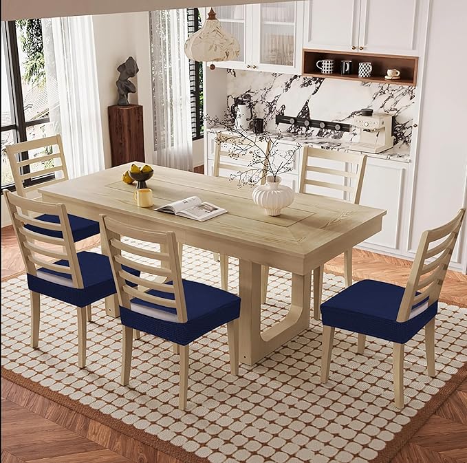 Smiry Waterproof Seat Covers for Dining Room Chairs Set of 8, Stretch Jacquard Removable Washable Chair Seat Slipcovers Protector, No Rear Covers, Federal Blue