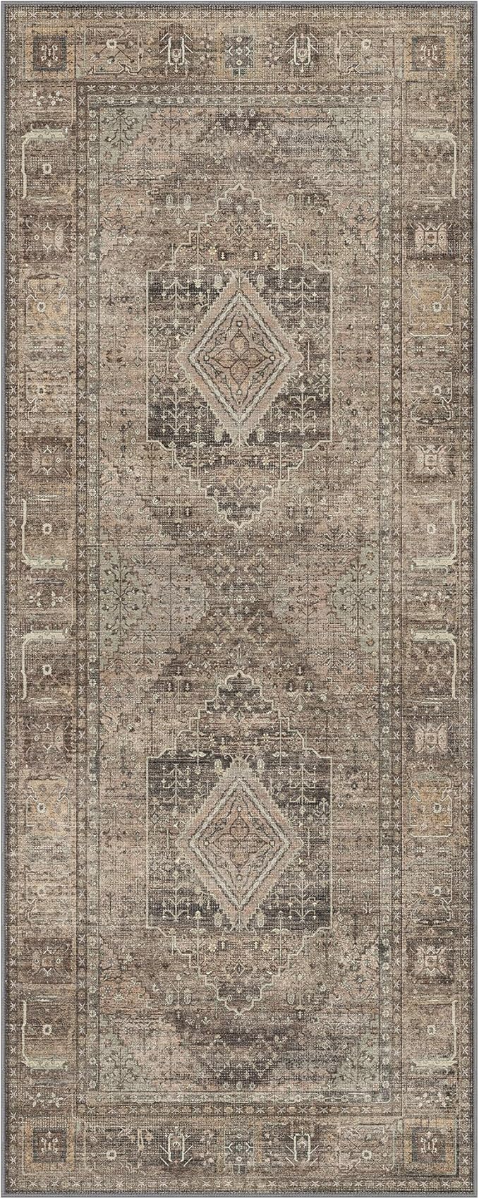 GENIMO Runner Rug for Hallways Machine Washable, 2x7 Non Slip Boho Vintage Lightweight Washable Runners, Thin Floor Rugs for Entryway Hallway Bathroom Laundry Room Corridor, Rustic Tan
