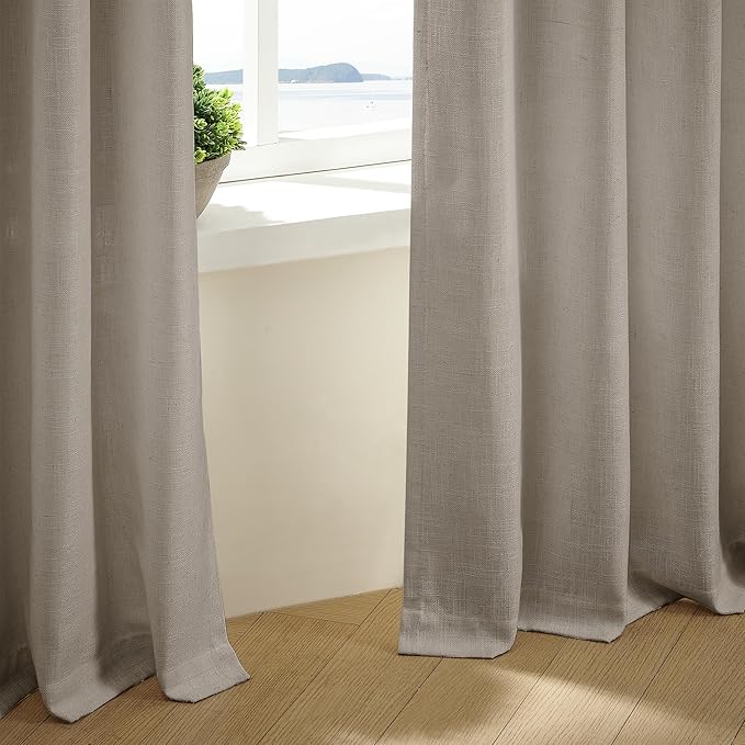 Burlywood Birch Pinch Pleated Linen Curtains 105 Inches Long for Living Room Bedroom 2 Panels Set Greyish Beige Flax Double Pleated Drapes Back Tab Farmhouse Ceiling Floor 105 Inch Window Curtains
