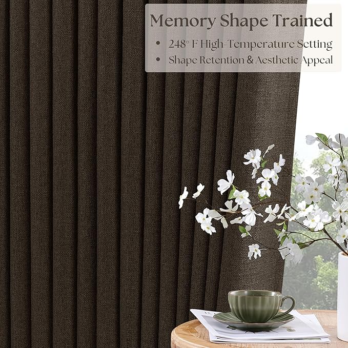 Chocolate Brown Pleated Linen Blackout Curtains 86 Inches Long for Bedroom Living Room Pinch Pleat Black Out Thermal Insulated Ring Hooks Back Tab Room Darkening Drapes Curtains with Liner 40x86