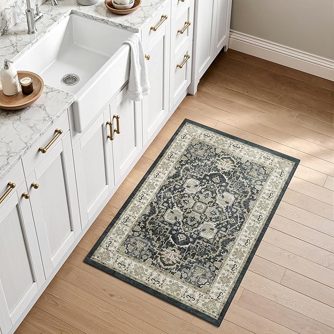 Washable Entryway Runner Rug - 2x3 Kitchen Rug Distressed Low Pile Mats Non Slip Soft Rugs for Dining Room with Rubber Backing Bedroom Runner with Vintage Design (Black 2x3)