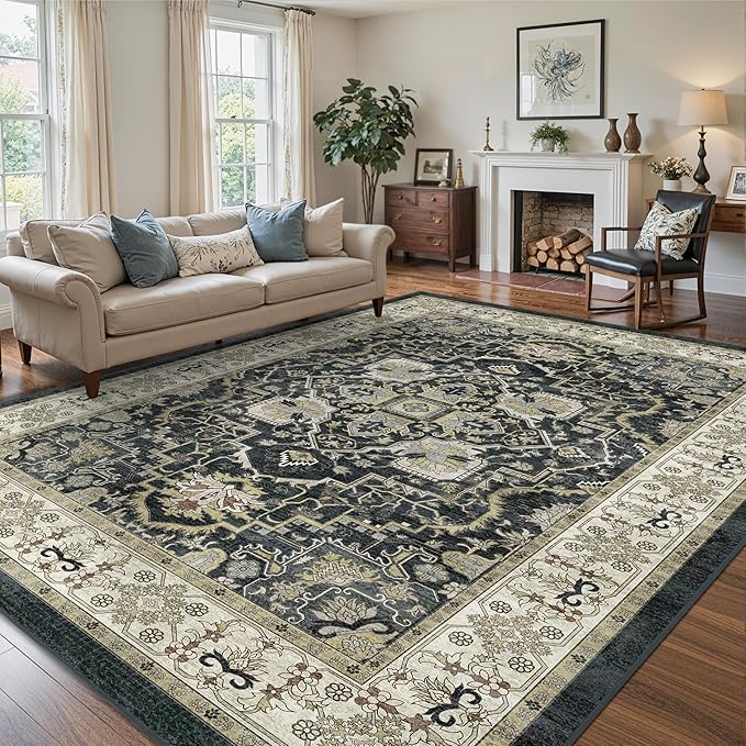 Black 8x10 Washable Large Area Rug, Non-Slip Soft Ultra-Thin Polyester Carpet with Vintage Vintage Stain Large Rug for Living Room, Bedroom, Dining Room & Open-Concept Spaces Oeko-TEX - Black