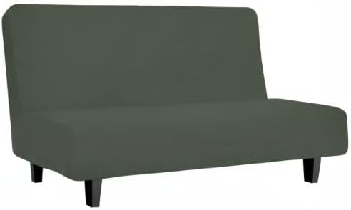 Easy-Going Stretch Futon Slipcover Armless Futon Bed Cover Furniture Protector Without Armrests with Elastic Bottom for Kids, Soft Jacquard Fabric Small Checks (Medium, Olive Green)
