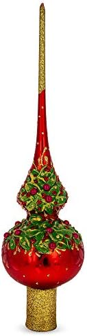 Red Pearls Poinsettia Flowers on Glossy Red Blown Glass Tree Topper by BestPysanky