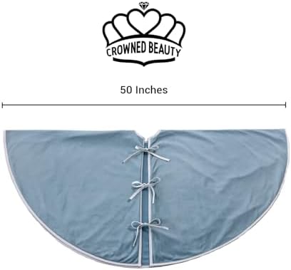 CROWNED BEAUTY 48 Inch Blue Velvet Christmas Tree Skirt, Tree Embroidery - Image 3