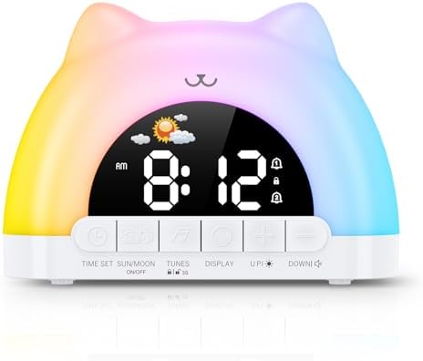 Kids Alarm Clock, Wake Up Clock with 11 Colors Night Light, Toddlers Sleep Training Clocks with 10 Ringtones, Brightness Adjustment, Dual Alarms Plug in OK to Wake Clocks for Girls Boys by OQIMAX