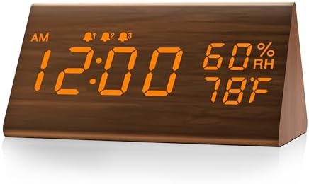 JALL Wooden Digital Alarm Clock for Bedrooms and Office, 3 Alarms with Big Digits, Humidity and Temperature Display, 6-Level Dimmer, Snooze, Loud Desk Clock for Heavy Sleepers, Plug in (Brown) by JALL