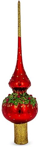 Red Pearls Poinsettia Flowers on Glossy Red Blown Glass Tree Topper - Image 2