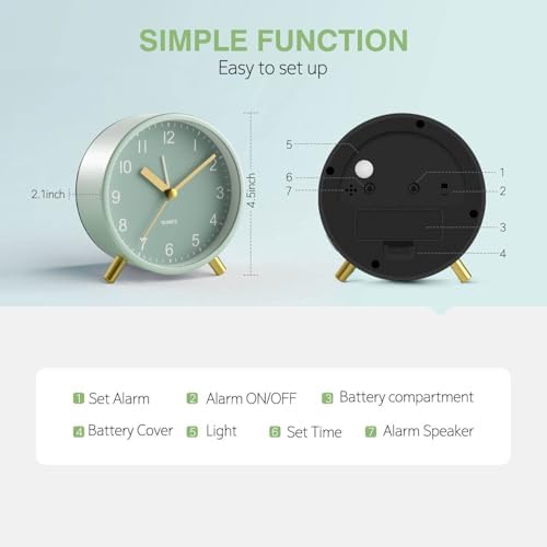 Analog Alarm Clock, Silent Non-Ticking with Night Light, Fashionable Round Metal Alarm Clock for Office, Battery Operated, Bedroom, Elderly, Adults, Children, Student Gifts - Image 5
