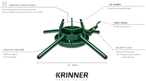 Krinner Christmas Tree Genie Steel - Green Tree Stand - Original Single Cable Operation, Holds up to 15 ft Live Trees - Foot Pedal Setup & Water Reservoir - 4 Stabilizing Feet, German Made - Image 4