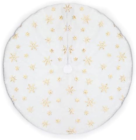 Christmas Tree Skirt 60 inch Large Snow White Soft Faux Fur Skirt with Golden Sequin Snow Flakes Xmas Holiday Home Party Decorations - Image 2