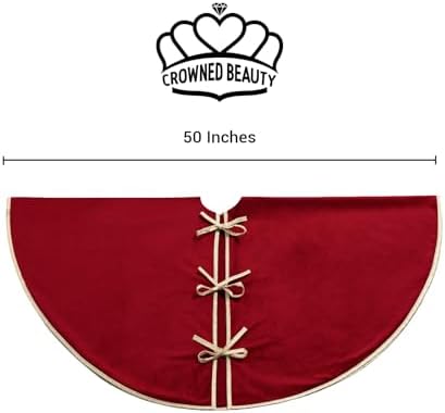 CROWNED BEAUTY 50 Inch Red Velvet Christmas Tree Skirt, Tree Embroidery - Image 3