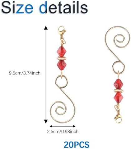 INCREWAY 20 Pcs Lobster Knot Christmas Hook Decorative with Lobster Claws Hanging Metal Wire Red Rhombic Crystal Jeweled Swirl for Crafts Xmas Decoration (Golden) - Image 2
