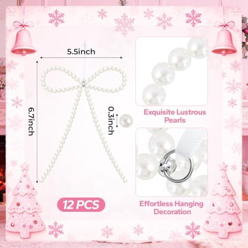 12 Pcs White Pearl Bow Ornaments for Christmas Tree Decorations Pearl Christmas Ornaments Hanging Christmas Tree Toppers for Xmas Gift Packaging Home Wreath Fireplace Fence Wedding Holiday Party Decor - Image 2