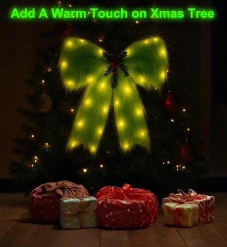 Large Christmas Tree Topper Bow with Lights, Christmas Tree Door Decorations Velvet Plush Hanging Ornaments, Lime Green Bow Berries Wreath for Party Wall Window Mantel Gifts, 47" x 17" - Image 4