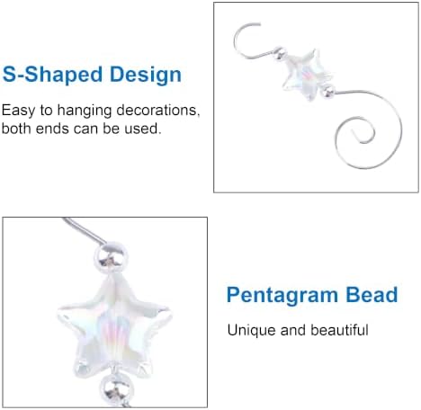 INCREWAY 30PCS Christmas Ornament Hooks with Pentagram Bead, S-Shaped Decorative Hangers Silver Metal Wire Transparent Acrylic Beads for Christmas Tree Decorations Party Crafts Door Frame - Image 3