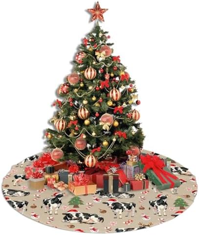 Cow Christmas Tree Skirts with Tassel Xmas Tree Skirt for Home Holiday Indoor Outdoor Seasonal Decors 30" - Image 3