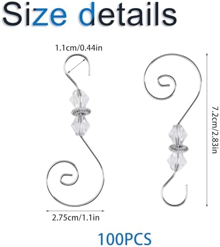 INCREWAY 100PCS Christmas Ornament Hooks, S-Shaped Metal Hooks, Decorative Hook with Crystal Beads for Hanging Ornaments, Decorations, Christmas Stockings - Image 2