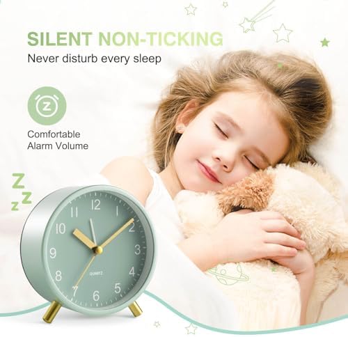 Analog Alarm Clock, Silent Non-Ticking with Night Light, Fashionable Round Metal Alarm Clock for Office, Battery Operated, Bedroom, Elderly, Adults, Children, Student Gifts - Image 2