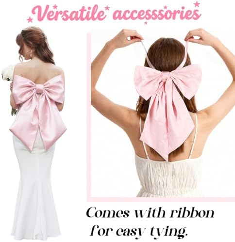 Big Pink Bow Coquette Room Decor, 23x11 Inch Satin Bows Large Pastel Pink Bows Birthday Decorations as Crib Skirt for Christmas Tree Topper Girl Room Xmas Gift Wrapping Bachelorette Baby Shower (3pcs) - Image 4