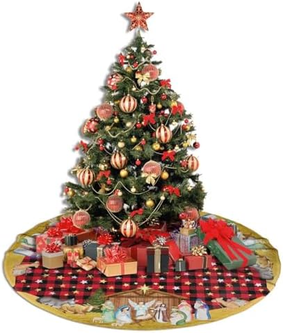 Buffalo Plaid Nativity Christmas Tree Skirt Jesus Christian Funny Tree Mat for Farmhouse Xmas Holiday Party Decorations Indoor Outdoor 36 Inch - Image 5