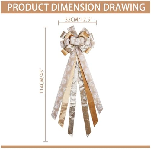 LaRibbons Large Gold Christmas Tree Topper Bow, 12"x45" Glitter Snowflake Ribbon Bow for Christmas Tree Decoration, Elegant Holiday Tree Ornament, Xmas Indoor Outdoor Decor - Image 2