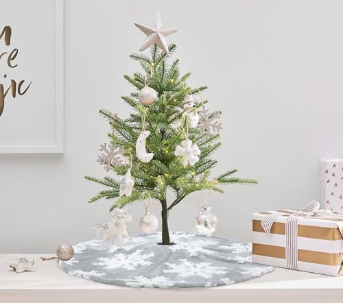 Small Christmas Tree Skirts 24 inch Grey White Xmas Tree Skirt Snowflakes Tree Skirts Fluffy Double Layers Mini Tree Skirt for Holiday Home Party Xmas Tree Decoration - Image 2