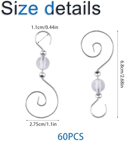 INCREWAY 60PCS Christmas Ornament Hooks, S-Shaped Metal Hooks, Decorative Hook with Crystal Beads for Hanging Ornaments, Decorations - Image 2