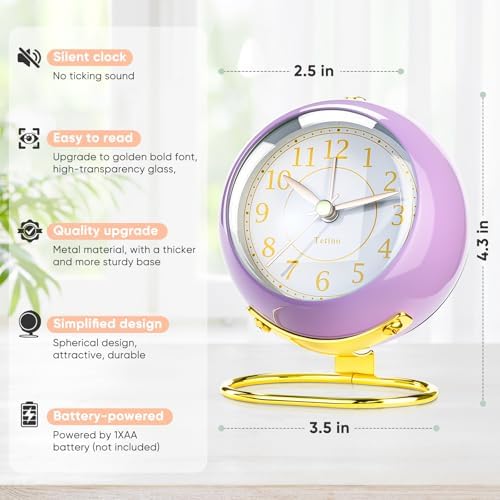 Tetino Analog Alarm Clocks,Retro Backlight Cute Simple Design Small Desk Clock with Night Light,Silent Non-Ticking,Battery Powered,for Kids,Teens,Bedroom,Travel,Kitchen,Bedside Desk Decor. (Purple) - Image 5