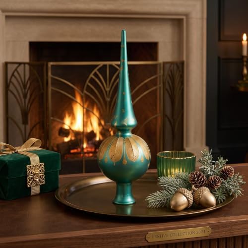 Gejoy Mercury Glass Christmas Finials Tree Topper Vintage German Ornaments Spherical Blown Glass Xmas Tree Topper Finials Green Holiday Indoor Suitable for Party Decoration, 9.8inches - Image 5